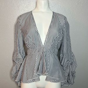 Miss Lili Blue & White Stripped Peplum Bubble Sleeve Top. Size Medium